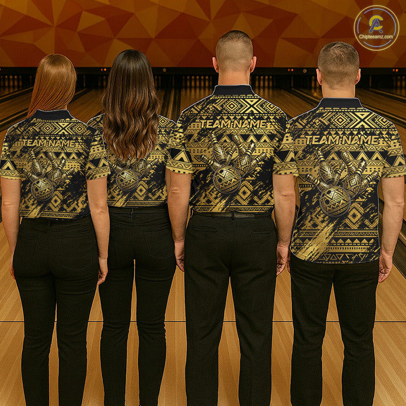 Professional bowling team wearing matching Gold Tribal jerseys with personalized names, Polynesian-inspired uniforms, league champions, Hawaiian sportswear, teamwork, unity, warrior tradition, corporate bowling event, championship apparel.