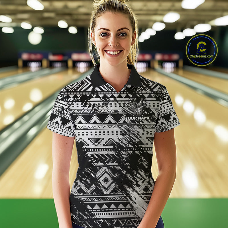 Female athlete modeling Silver Tribal bowling jersey representing determination, tribal heritage, strength, courage, island culture, modern athletic fashion.