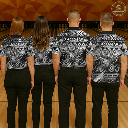 Bowling team wearing matching Silver Tribal bowling jerseys, personalized names, tribal-inspired uniforms, championship apparel, island heritage, teamwork, leadership, competitive league clothing.