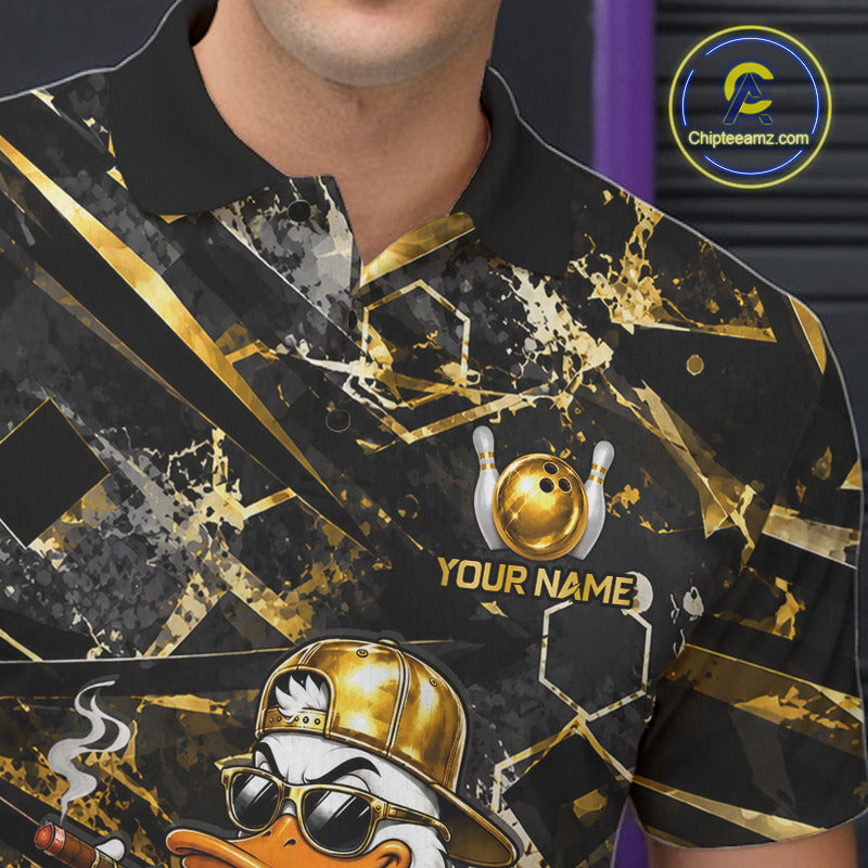 Male bowler modeling Funny Duck bowling polo, humorous mascot graphics, bowling league apparel, fun sportswear, personalized team clothing, championship spirit.