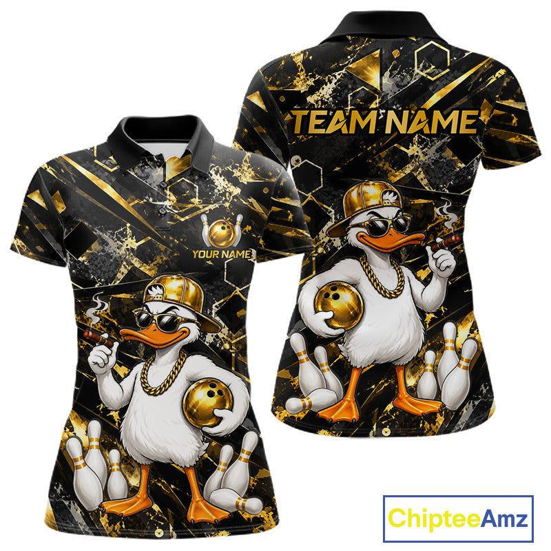 Grunge Gold & Black Funny Duck Bowling Polo featuring humorous duck mascot, personalized bowling team name, breathable performance polo, funny bowling league apparel, mascot sportswear, bowling tournament uniform, playful team clothing.