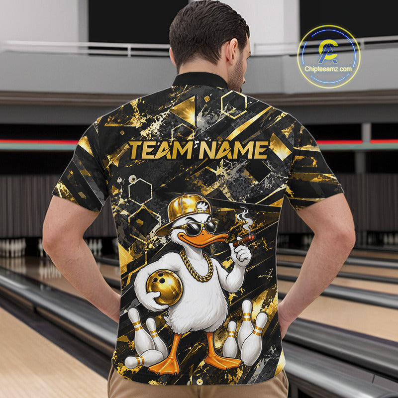 Male bowler modeling Funny Duck bowling polo, humorous mascot graphics, bowling league apparel, fun sportswear, personalized team clothing, championship spirit.