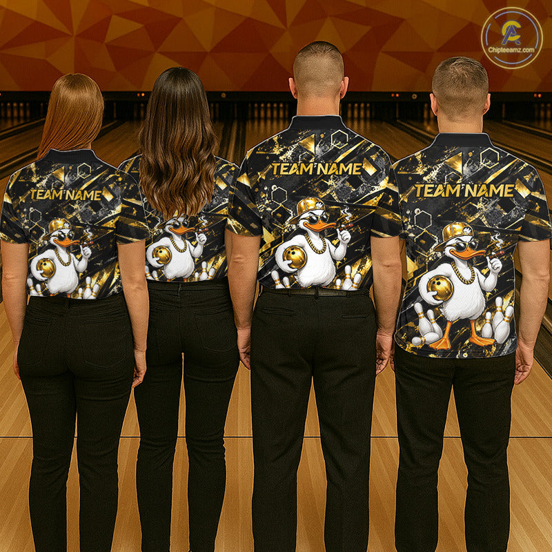Bowling team wearing matching Funny Duck jerseys featuring personalized names, mascot-inspired uniforms, league tournament apparel, corporate bowling event, family bowling night, friendship, teamwork, fun competition, championship symbolism.