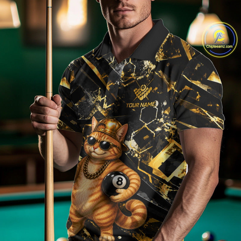 Male billiards player modeling Rich Cat jersey representing abundance, financial success, motivation, leadership, confidence, luxury sportswear, custom team clothing.