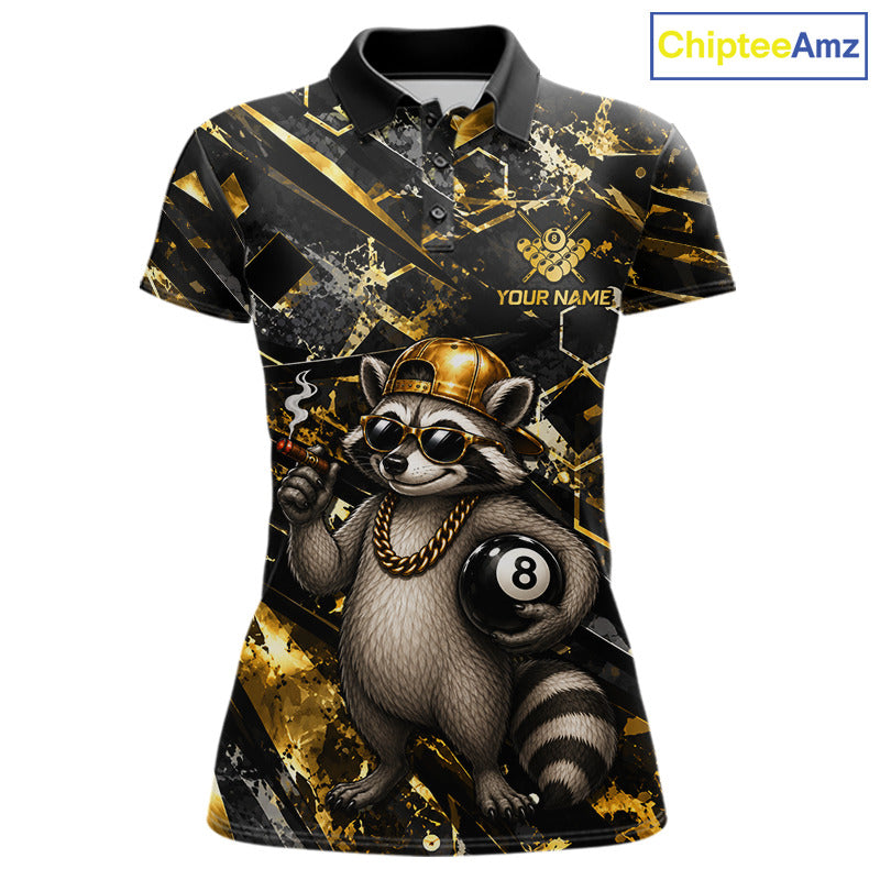 Gold & Black Funny Rich Raccoon 8 Ball Billiard Polo featuring a wealthy raccoon mascot with stacks of cash and gold accents, personalized team name, breathable performance polo, custom pool tournament jersey, funny mascot sportswear, luxury-inspired cue sports apparel.