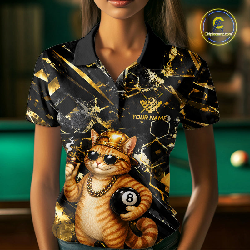 Female pool player wearing Rich Cat billiard jersey with gold luxury styling, symbolizing wealth, prosperity, confidence, ambition, success, casino lifestyle, entrepreneur spirit, humorous sports fashion, premium cue sports apparel.