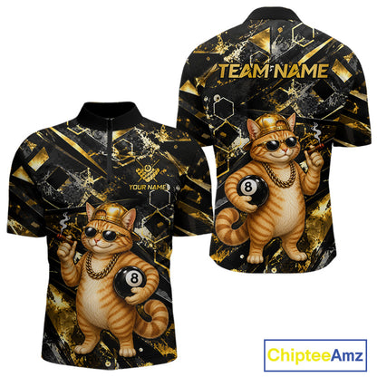 Funny Rich Cat Quarter-Zip Pool Shirt featuring luxury cat artwork, personalized billiard team jersey, breathable performance fabric, custom league apparel, premium sportswear.