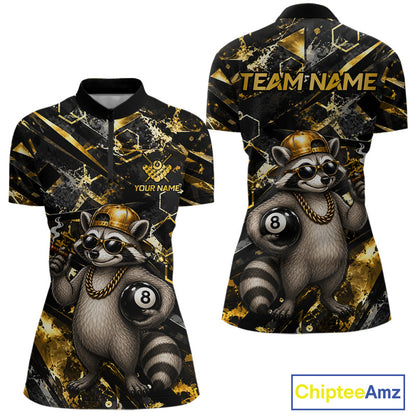 Funny Rich Raccoon Quarter-Zip Pool Jersey featuring gold and black artwork, custom billiard player name, breathable athletic fabric, league apparel, premium tournament jersey, luxury-inspired sportswear.