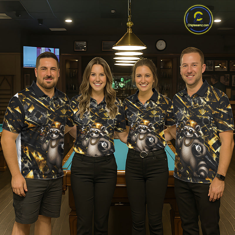 Professional pool team wearing matching Rich Raccoon jerseys featuring personalized names, luxury mascot branding, pool  tournament uniforms, casino-themed sportswear, esports-inspired graphics, teamwork, prosperity, confidence, championship culture, corporate recreation events.