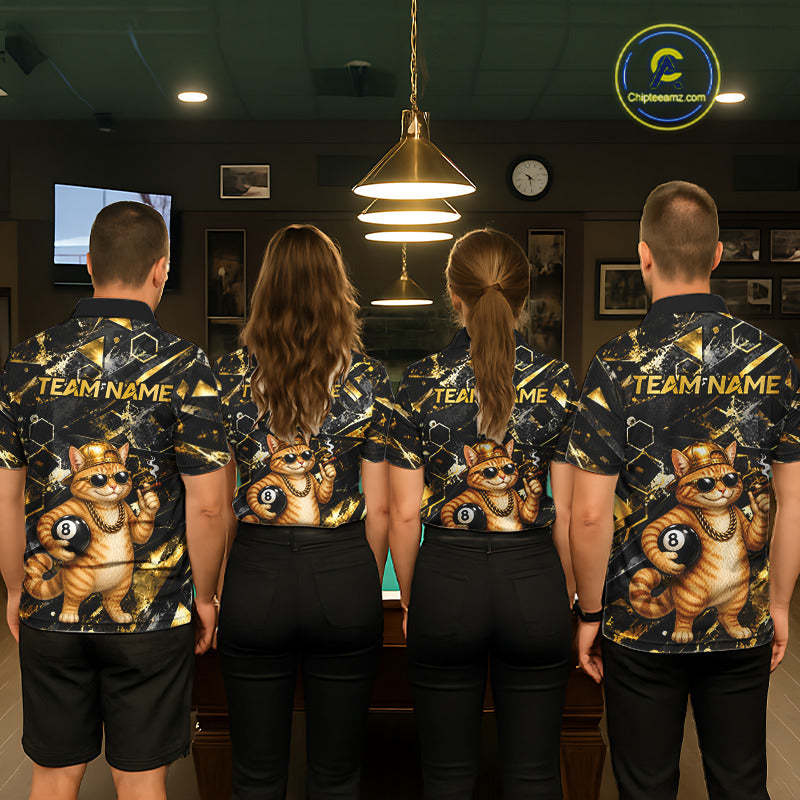 Pool team wearing matching Rich Cat jerseys featuring personalized names, funny luxury mascot graphics, pool tournaments, casino night events, bar league apparel, corporate team building, prosperity, teamwork, championship success symbolism.