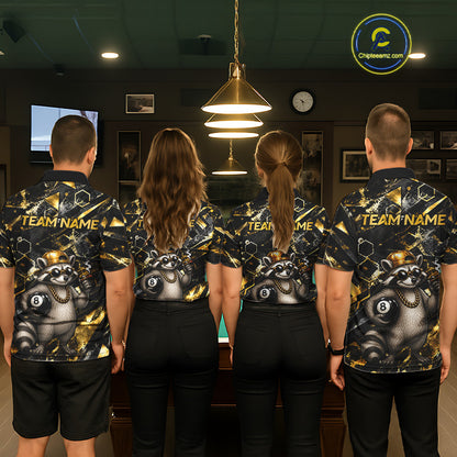 Professional pool team wearing matching Rich Raccoon jerseys featuring personalized names, luxury mascot branding, pool  tournament uniforms, casino-themed sportswear, esports-inspired graphics, teamwork, prosperity, confidence, championship culture, corporate recreation events.