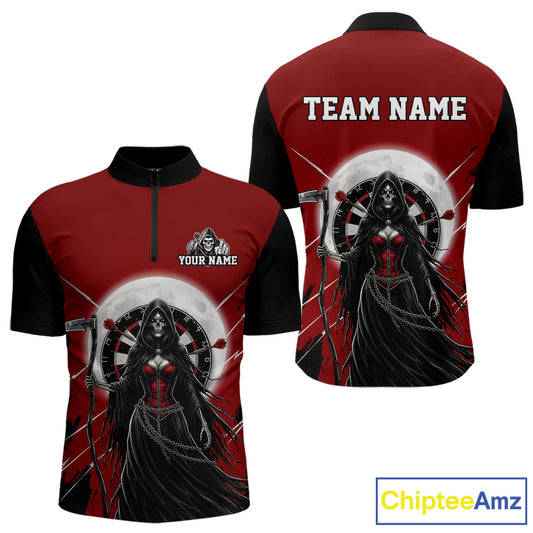 Black And Red Grim Reaper Moon Dartboard Custom Men Darts Quarter-Zip Shirt Gothic Dart Jerseys NYN1947