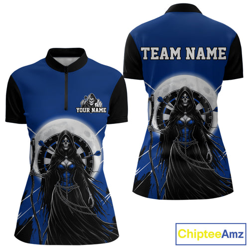 Black And Blue Grim Reaper Moon Dartboard Custom Women Darts Quarter-Zip  Shirt Gothic Dart Jerseys NYN1948