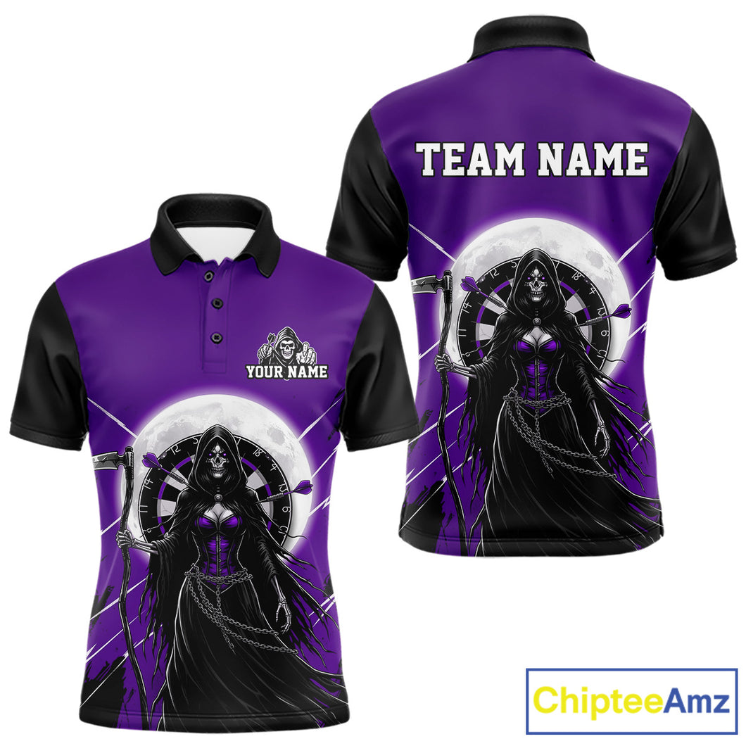 Black And Purple Grim Reaper Moon Dartboard Custom Men Darts Polo Shirt Gothic Dart Jerseys NYN1949