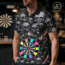 Load image into Gallery viewer, Male darts player wearing Grey Skull Pattern Colorful Strike dart jersey during league match and tournament competition