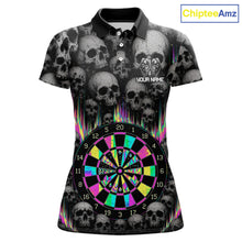 Load image into Gallery viewer, Grey Skull Pattern Colorful Strike women's darts polo shirt, personalized dart team jersey, custom dart uniform, dartboard apparel, league tournament darts shirt