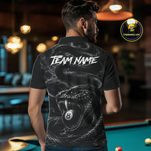 Load image into Gallery viewer, Male billiards player wearing Grey Smokes Cobra 8 ball pool jersey during APA league tournament competition, personalized billiard apparel