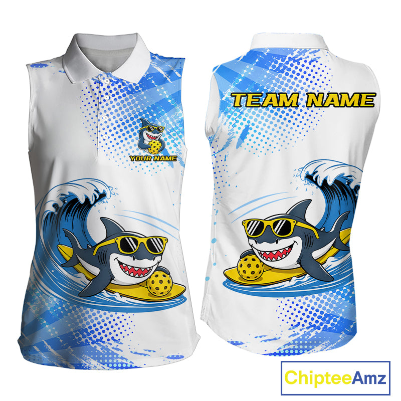 Funny Sleeveless Polo Pickleball Shirt For Women Custom Shark Playing Pickleball Team Uniform Jersey NYN4112