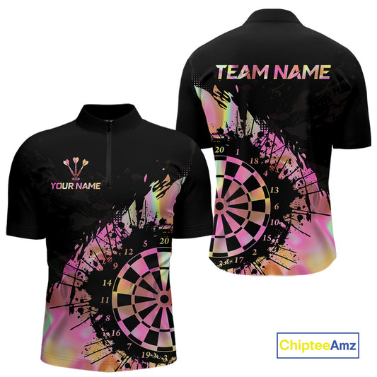 Pink Holographic Dartboard Grunge Darts 1/4-Zip Shirts For Men Custom Name For Darters NYN2705