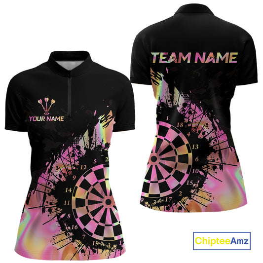 Pink Holographic Dartboard Grunge Darts 1/4-Zip Shirts For Women Custom Name For Darters NYN2705