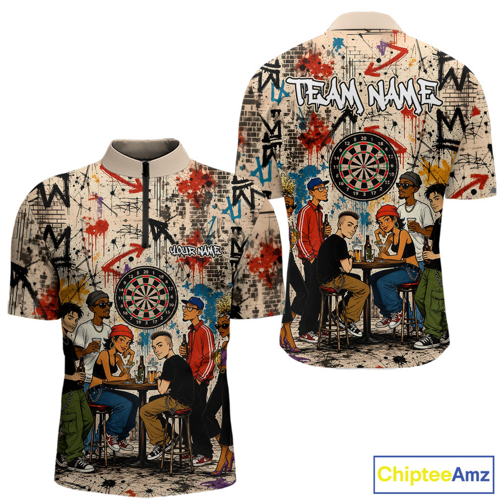 Grunge Graffiti Funny Friends And Beer Mens Darts Shirt Custom Polo 1/4 Zip Team Darts Jersey NYN3243