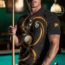 Load image into Gallery viewer, Male pool player wearing Black and Yellow Galaxy 8 ball 9 ball billiard jersey during league and tournament competition