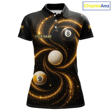 Load image into Gallery viewer, Black and Yellow Galaxy women's billiard polo shirt custom 8 ball 9 ball pool jersey, personalized billiards team apparel