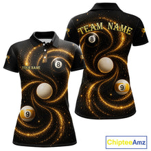 Load image into Gallery viewer, Black and Yellow Galaxy women's billiard polo shirt custom 8 ball 9 ball pool jersey, personalized billiards team apparel