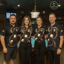 Load image into Gallery viewer, Men women billiard team wearing Black and Yellow Galaxy custom pool uniforms, professional billiards team jerseys