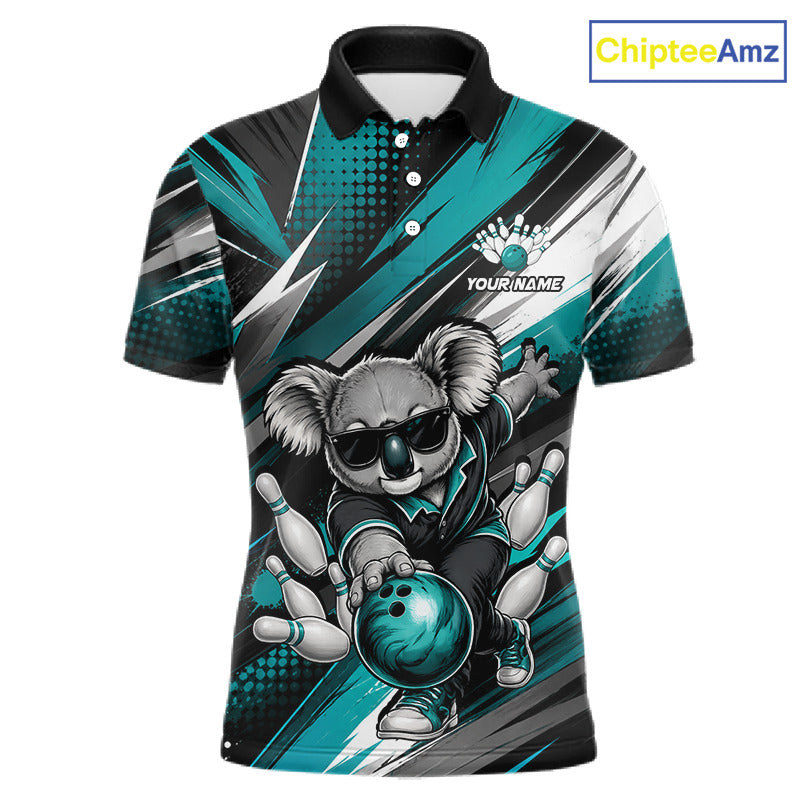 Grunge Turquoise Bear Bowling Polo featuring humorous bear artwork, personalized bowling team graphics, custom league jersey, quick-dry athletic apparel, bowling club uniform, wilderness mascot theme, strength, resilience, leadership symbolism.