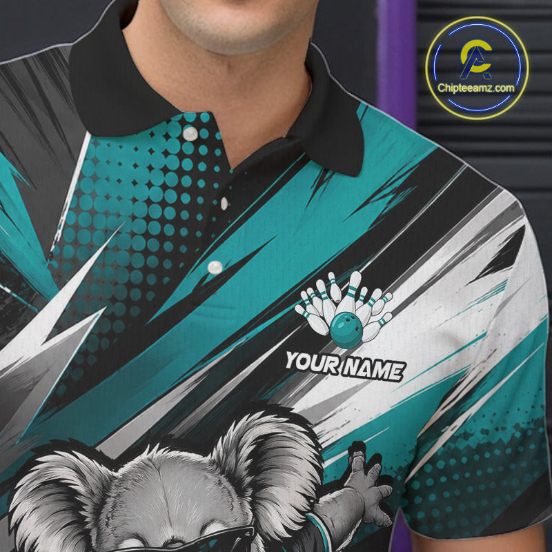 Male bowler wearing Funny Bear bowling jersey featuring wilderness-inspired mascot graphics, personalized league apparel, confidence, leadership, strength, custom athletic bowling clothing.