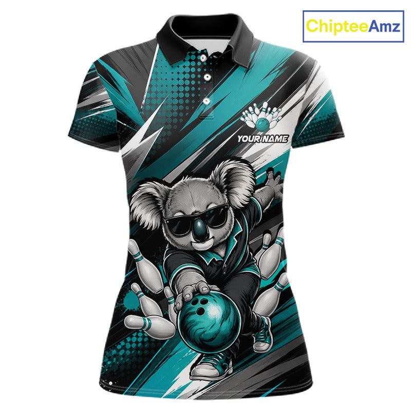 Grunge Turquoise Bear Bowling Polo featuring funny bear mascot, personalized bowling team name, moisture-wicking performance polo, custom bowling league apparel, breathable athletic shirt, mascot sportswear, wildlife-inspired design, team spirit, USBC tournament jersey, Father's Day gift, outdoor adventure symbolism.