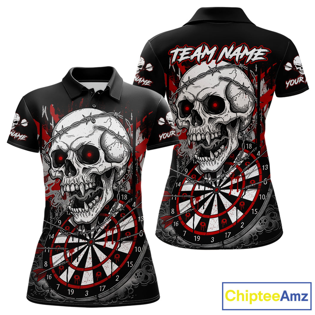 Custom Red Grey Skull Barbed Wire Dartboard Grunge Darts Polo Shirt For Women Dart Gifts NYN1968