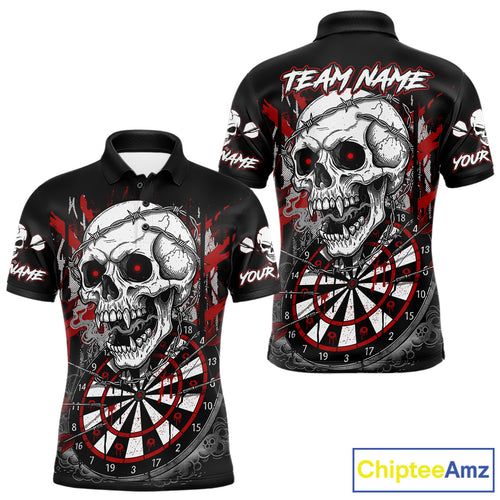 Custom Red Grey Skull Barbed Wire Dartboard Grunge Darts Polo Shirt For Men Dart Gifts NYN1968