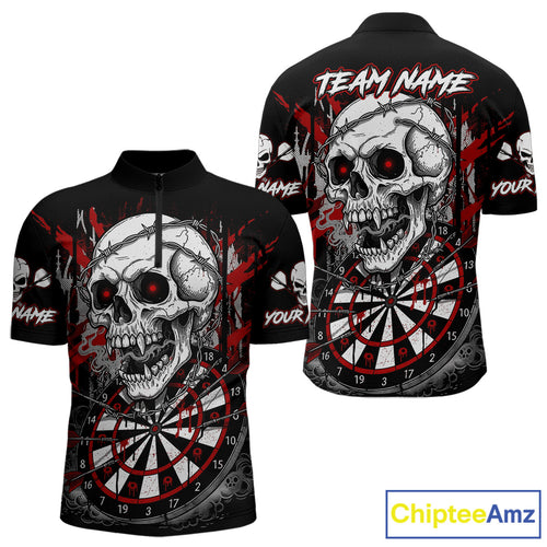 Custom Red Grey Skull Barbed Wire Dartboard Grunge Darts Quarter-Zip Shirt For Men Dart Gifts NYN1968