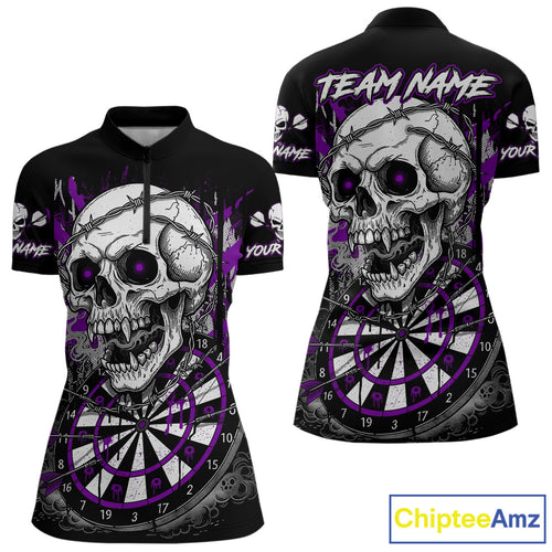 Custom Purple Grey Skull Barbed Wire Dartboard Grunge Darts Quarter-Zip Shirt For Women Dart Gifts NYN1969