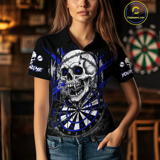 Custom Blue Grey Skull Barbed Wire Dartboard Grunge Darts Polo Shirt For Women Dart Gifts NYN1970