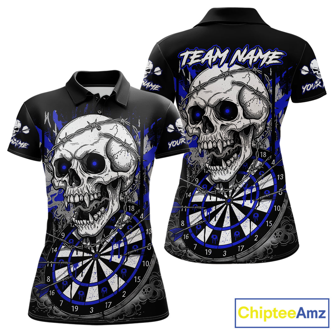 Custom Blue Grey Skull Barbed Wire Dartboard Grunge Darts Polo Shirt For Women Dart Gifts NYN1970