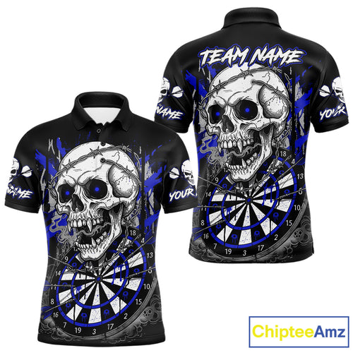 Custom Blue Grey Skull Barbed Wire Dartboard Grunge Darts Polo Shirt For Men Dart Gifts NYN1970
