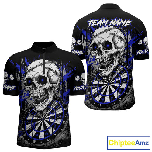 Custom Blue Grey Skull Barbed Wire Dartboard Grunge Darts Quarter-Zip Shirt For Men Dart Gifts NYN1970