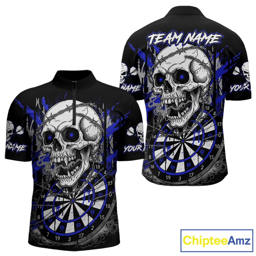 Custom Blue Grey Skull Barbed Wire Dartboard Grunge Darts Quarter-Zip Shirt For Men Dart Gifts NYN1970
