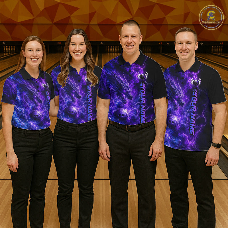 Bowling team wearing matching Dragon Thunder Purple jerseys with personalized names, fantasy-inspired uniforms, USBC league apparel, esports aesthetic, teamwork, power, unity, championship spirit, mythical symbolism.
