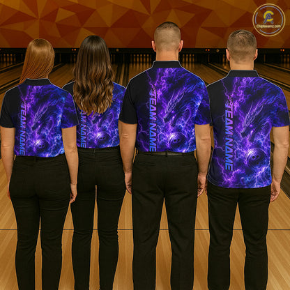 Bowling team wearing matching Dragon Thunder Purple jerseys with personalized names, fantasy-inspired uniforms, USBC league apparel, esports aesthetic, teamwork, power, unity, championship spirit, mythical symbolism.