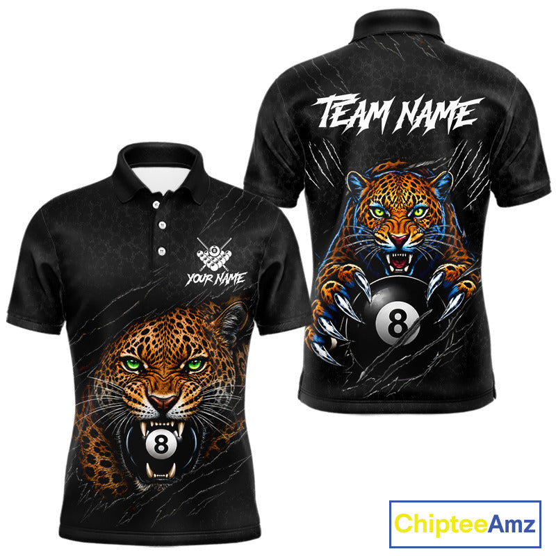 Funny Tiger 8 Ball men's billiard polo shirt personalized black leopard claws pool jersey, custom billiards apparel