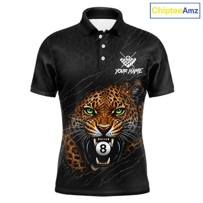 Funny Tiger 8 Ball men's billiard polo shirt personalized black leopard claws pool jersey, custom billiards apparel