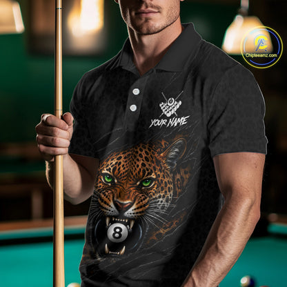 Male billiards player wearing Funny Tiger 8 Ball leopard claws billiard jersey during tournament competition