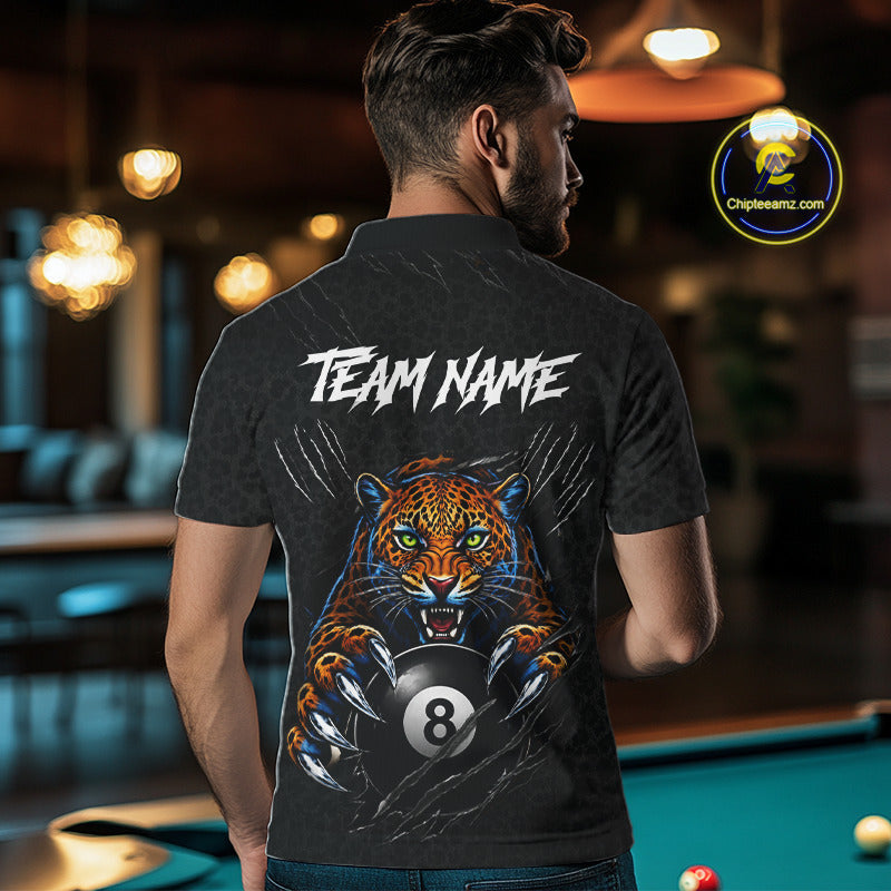 Male billiards player wearing Funny Tiger 8 Ball leopard claws billiard jersey during tournament competition