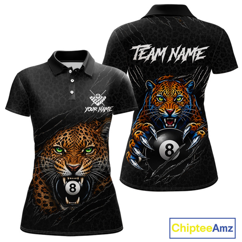 Funny Tiger 8 Ball women's billiard polo shirt personalized black leopard claws pool jersey, custom billiards apparel