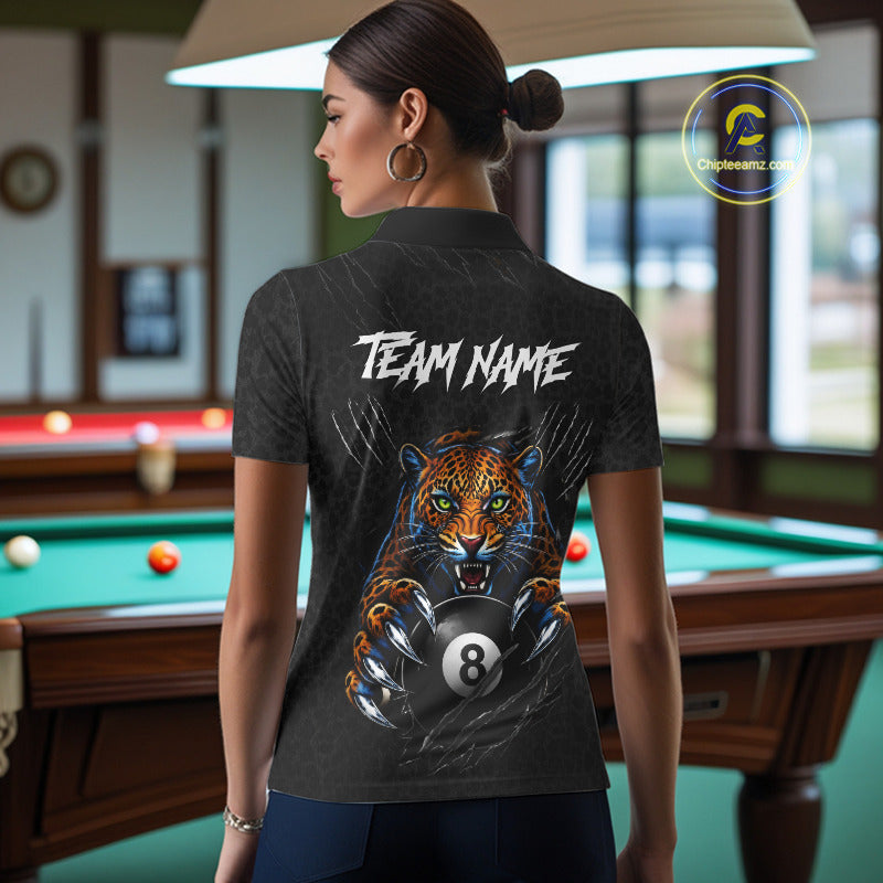 Female billiards player wearing Funny Tiger 8 Ball leopard claws billiard jersey during tournament competition