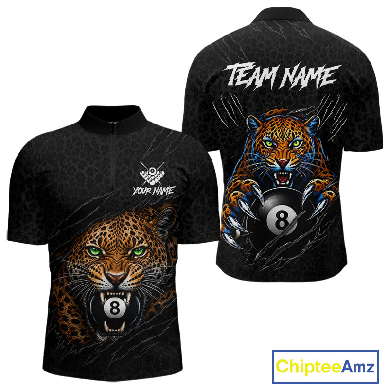 Funny Tiger 8 Ball men's quarter zip billiard shirt custom leopard claws pool team jersey, cue sports uniform
